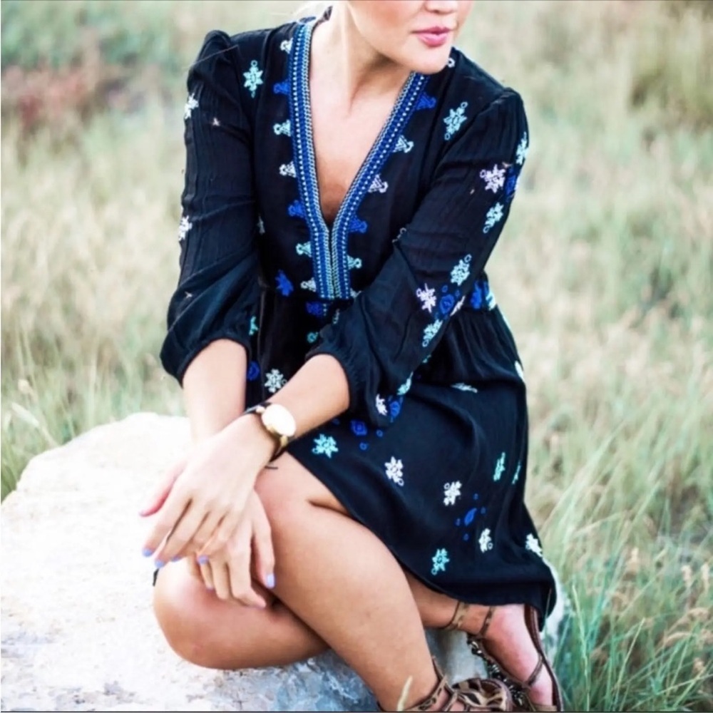 Free People Star Gazer Embroidered Mini Dress in Black